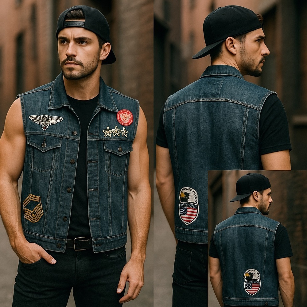NWOT Ring of Fire Denim Vest Jacket – Military Patch Biker Style – Size L